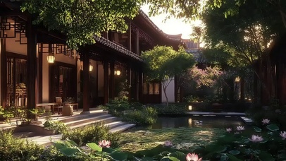 夏日深绿静谧庭院池塘