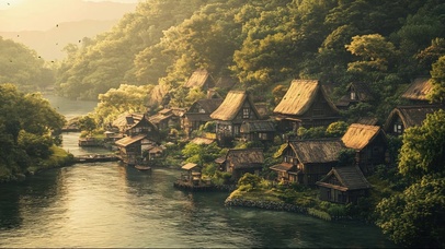 山谷溪流古风小镇建筑