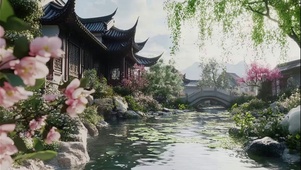 唯美春日溪流古城建筑