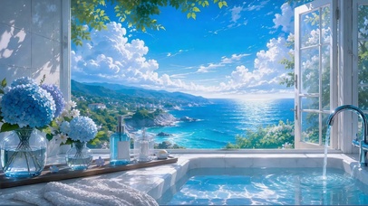 窗边蔚蓝海景