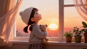 望着夕阳的女孩双屏