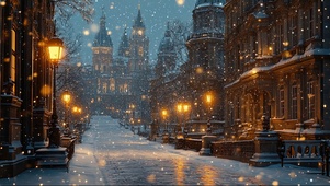 冬日雪夜傍晚欧洲街道