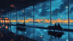 蓝调机场航站大厅雨夜