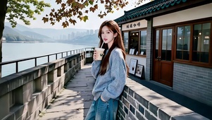 景区长廊购物小屋前喝咖啡美女3