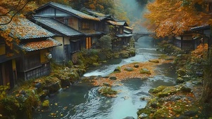 秋日阴天古村溪流风景