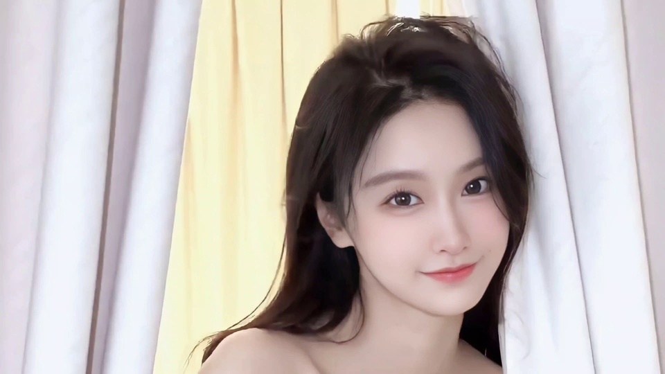 暖调近景人像，黑发人物面带浅笑望向镜头，身后是白与奶黄的竖纹帘幕。