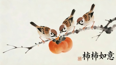 4K护眼国画 柿子枝头  瑞鸟