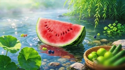 夏日溪边清凉西瓜果蔬