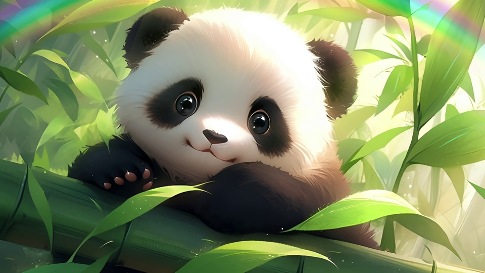 Q版黑白大熊猫趴在横置的翠绿竹竿上，面带微笑，身处柔光竹叶丛中，边缘带有彩虹色光晕与细碎光点。