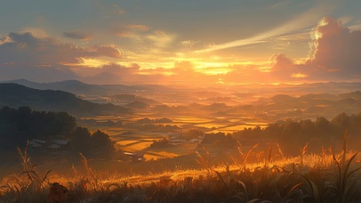 落日广阔山谷田园