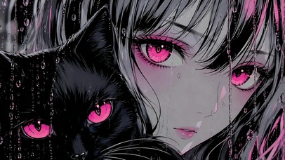 雨天粉瞳少女与黑猫