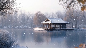 冬日白雪湖畔古亭