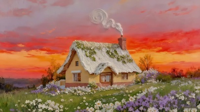 油画鲜花小屋（黄昏）