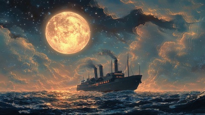 浪漫月下云彩大海轮船