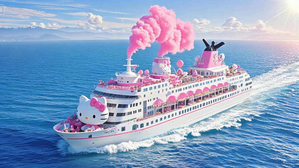 蓝绿色开阔海面上，装饰粉白元素的Hello Kitty主题大型邮轮正向前航行，船首立有Hello Kitty立像，船尾划出白色航行尾迹，远处是淡色远山与点缀白云的蓝天。