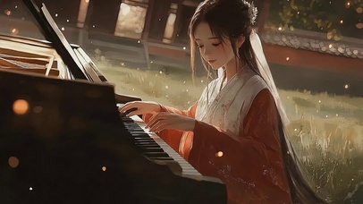 国风唯美小城古琴少女