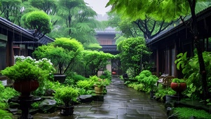 雨中美丽庭院
