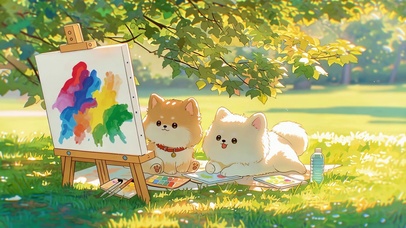 树荫下的狗狗画家二人组