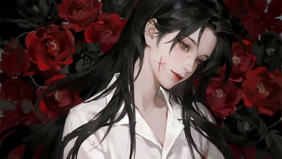长发黑衬衫女子身后簇拥红黑玫瑰