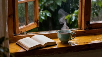 雨窗热咖与书的慵懒独处治愈慢享