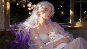 纯欲古风国风夜晚月光女孩与猫