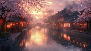 春日粉樱落花河道古城