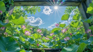 晴日荷花框景清新自然风景