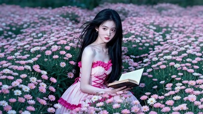 花丛中看书的红花边裙清纯美女3