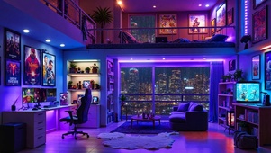 霓虹雨夜城市房间