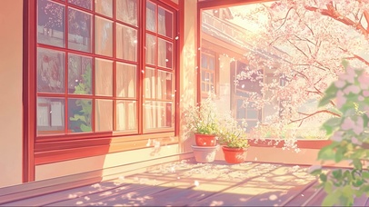 樱花庭院午后温暖阳光