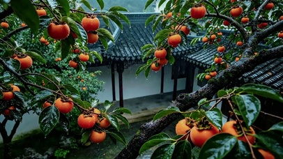 治愈氛围感雨中柿子