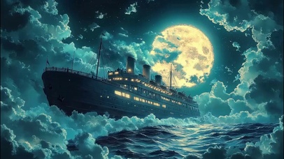 圆月海上轮船唯美海浪