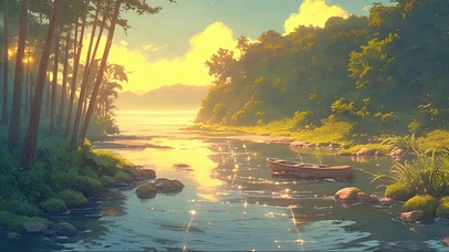 落日静谧森林溪流