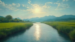 绿色乡村河流稻田山脉