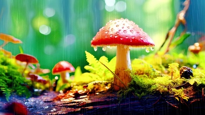 微距特写雨中的蘑菇