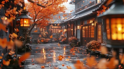 秋日庭院雨天风景