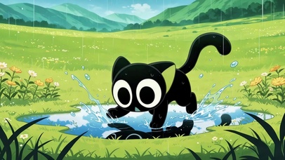 雨里踩水的小黑猫