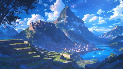 星夜山谷石头建筑乡村