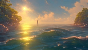 落日海岛海浪