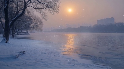 冬日积雪晨雾湖畔
