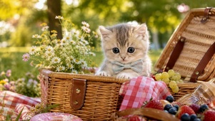 野餐篮里的可爱小奶猫