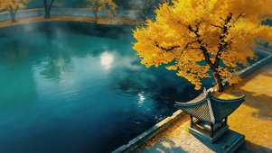 秋天湖边银杏树