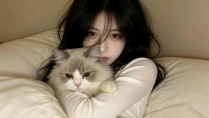 居家女孩和猫咪