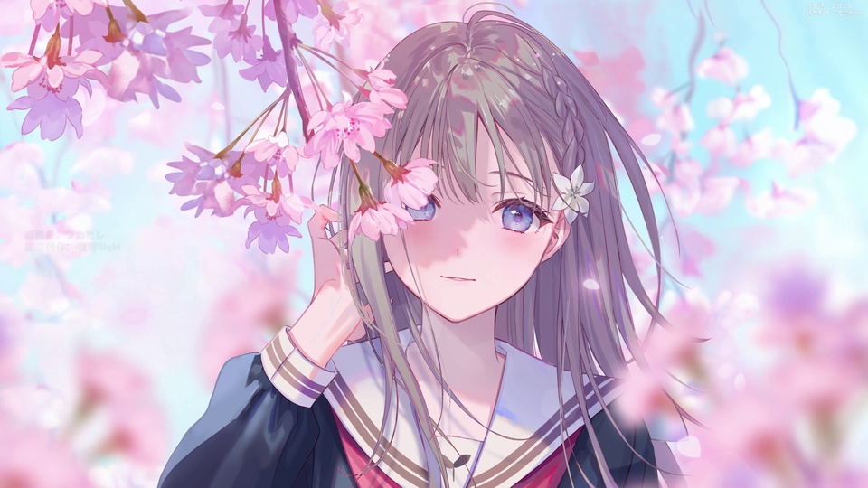 樱花丛中的JK制服少女，浅灰紫长发，抬手轻触粉樱花枝