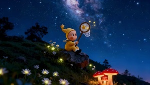 夜晚山坡上抓星星