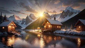 河畔夕阳雪景