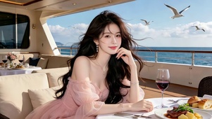 游艇上惬意享用美食的性感美女