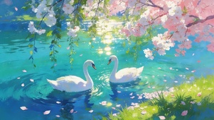 樱花池塘天鹅