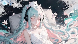 青发少女和闭目养神的白猫