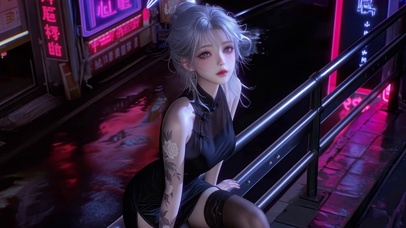 霓虹雨夜旗袍少女